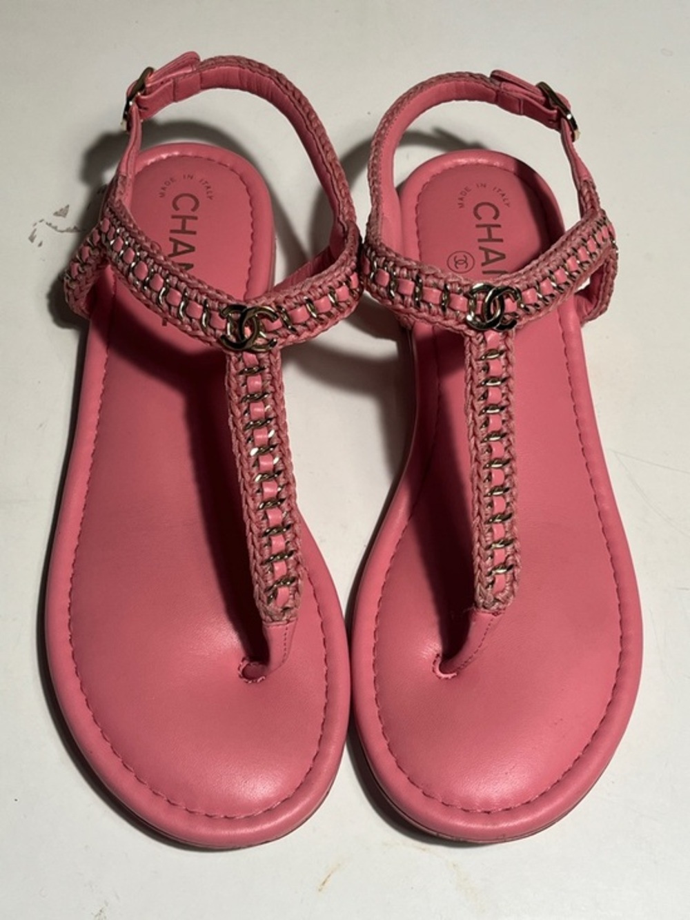CHANEL Pink Braided T-Strap Sandals with Double C Hardware